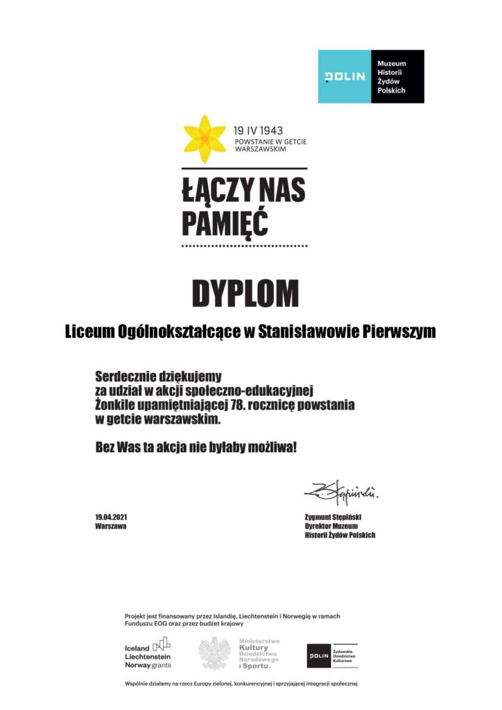 Dyplom uzyskany za udział w akcji Żonkile 2021